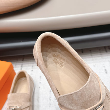 HM 26S KELLY PARIS LOAFERS IN SAND BROWN SUEDE SILVER HARDWARE