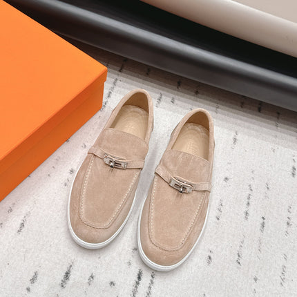 HM 26S KELLY PARIS LOAFERS IN SAND BROWN SUEDE SILVER HARDWARE