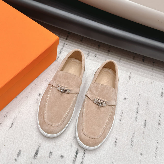 HM 26S KELLY PARIS LOAFERS IN SAND BROWN SUEDE SILVER HARDWARE