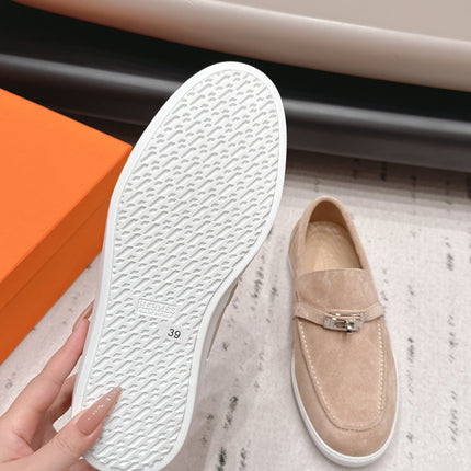 HM 26S KELLY PARIS LOAFERS IN SAND BROWN SUEDE SILVER HARDWARE