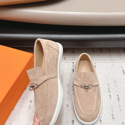HM 26S KELLY PARIS LOAFERS IN SAND BROWN SUEDE SILVER HARDWARE