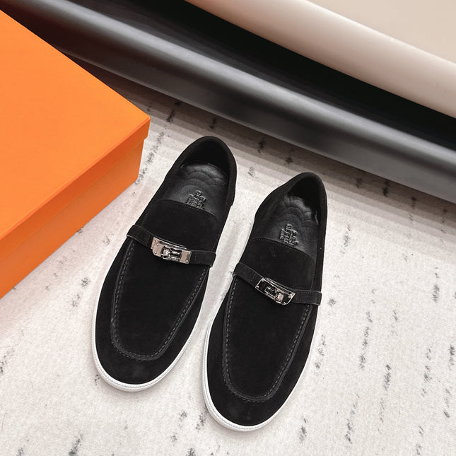 HM 26S KELLY PARIS LOAFERS IN BLACK SUEDE SILVER HARDWARE