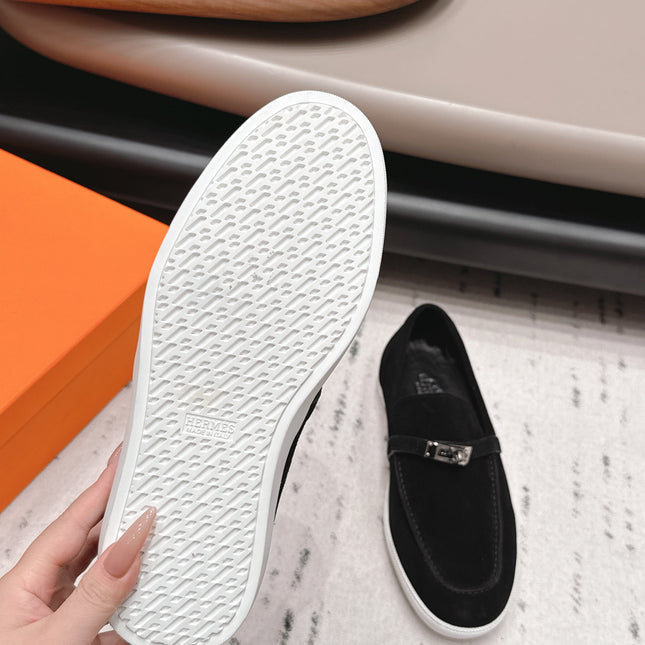 HM 26S KELLY PARIS LOAFERS IN BLACK SUEDE SILVER HARDWARE