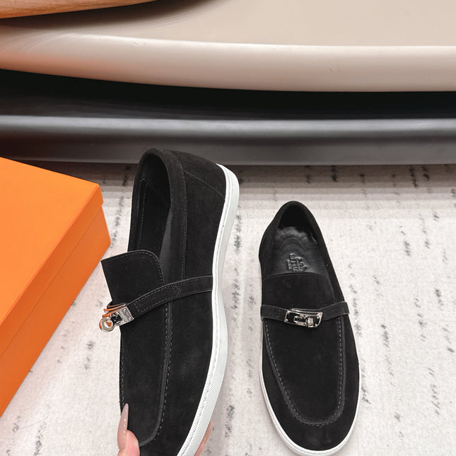HM 26S KELLY PARIS LOAFERS IN BLACK SUEDE SILVER HARDWARE
