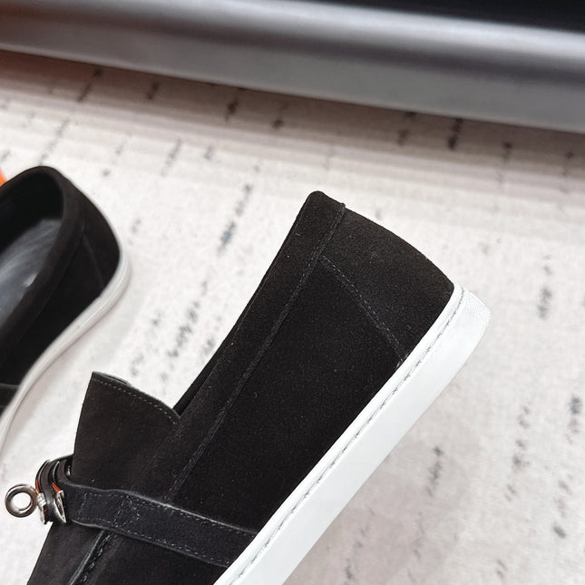 HM 26S KELLY PARIS LOAFERS IN BLACK SUEDE SILVER HARDWARE