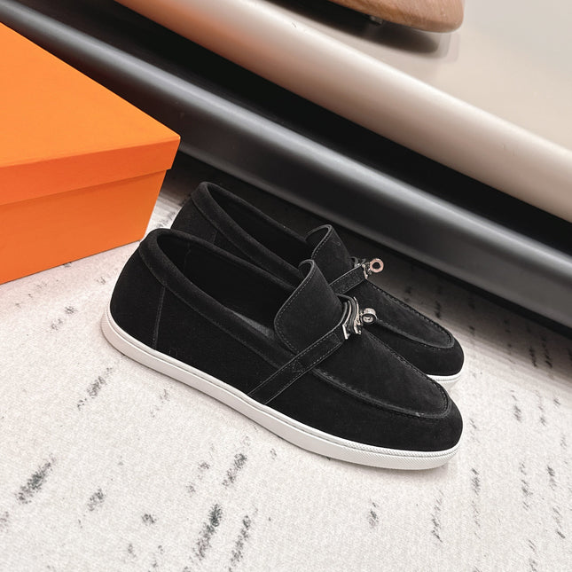HM 26S KELLY PARIS LOAFERS IN BLACK SUEDE SILVER HARDWARE