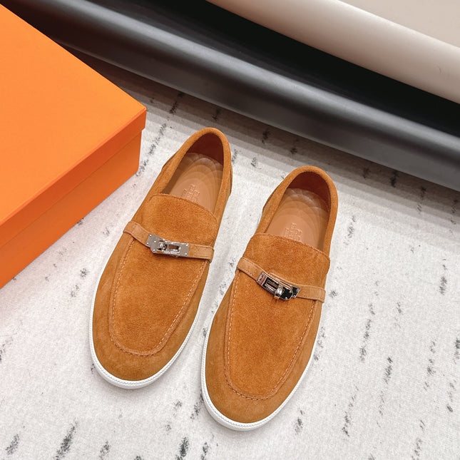 HM 26S KELLY PARIS LOAFERS IN ORANGE SUEDE SILVER HARDWARE