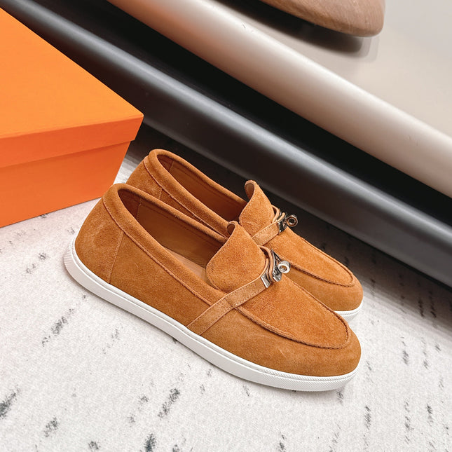 HM 26S KELLY PARIS LOAFERS IN ORANGE SUEDE SILVER HARDWARE