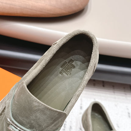 HM 26S KELLY PARIS LOAFERS IN OLIVE GREEN SUEDE SILVER HARDWARE