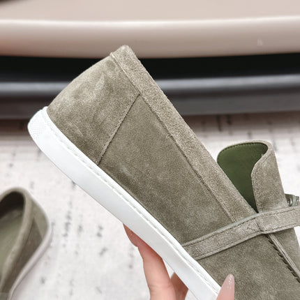 HM 26S KELLY PARIS LOAFERS IN OLIVE GREEN SUEDE SILVER HARDWARE