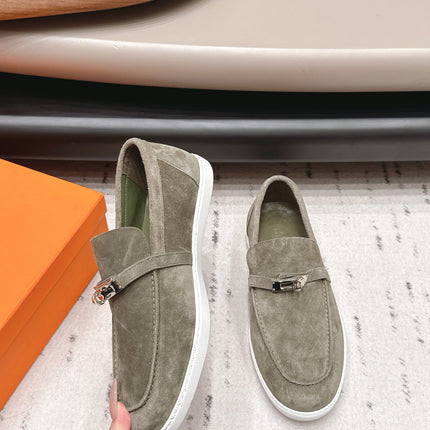 HM 26S KELLY PARIS LOAFERS IN OLIVE GREEN SUEDE SILVER HARDWARE