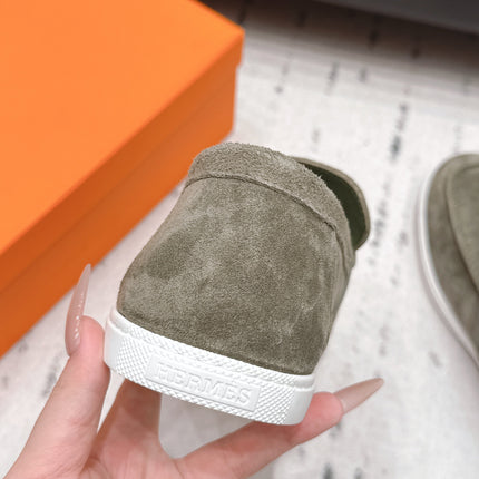 HM 26S KELLY PARIS LOAFERS IN OLIVE GREEN SUEDE SILVER HARDWARE