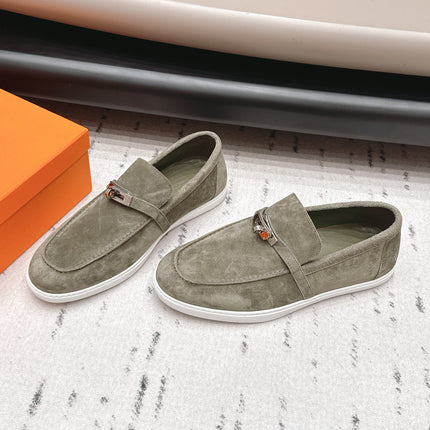 HM 26S KELLY PARIS LOAFERS IN OLIVE GREEN SUEDE SILVER HARDWARE