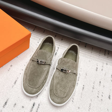 HM 26S KELLY PARIS LOAFERS IN OLIVE GREEN SUEDE SILVER HARDWARE