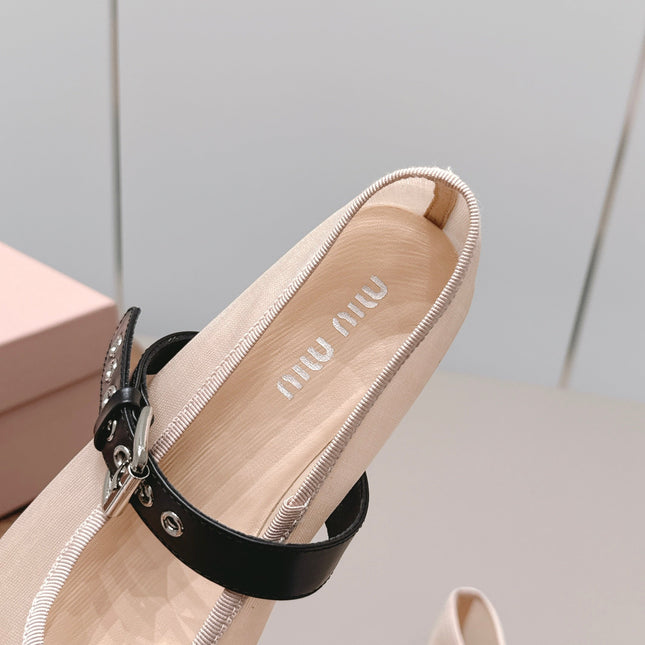 MIUMIU 26S BALLERINAS IN BEIGE MESH AND BLACK CALFSKIN