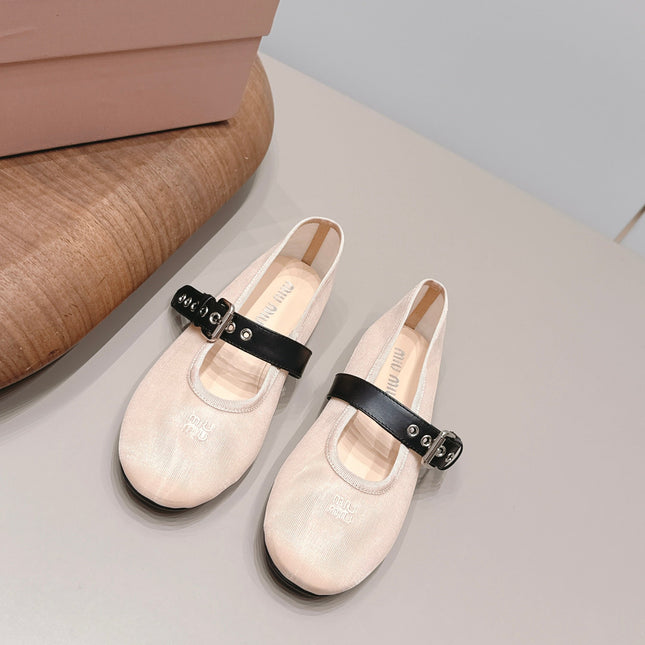 MIUMIU 26S BALLERINAS IN BEIGE MESH AND BLACK CALFSKIN