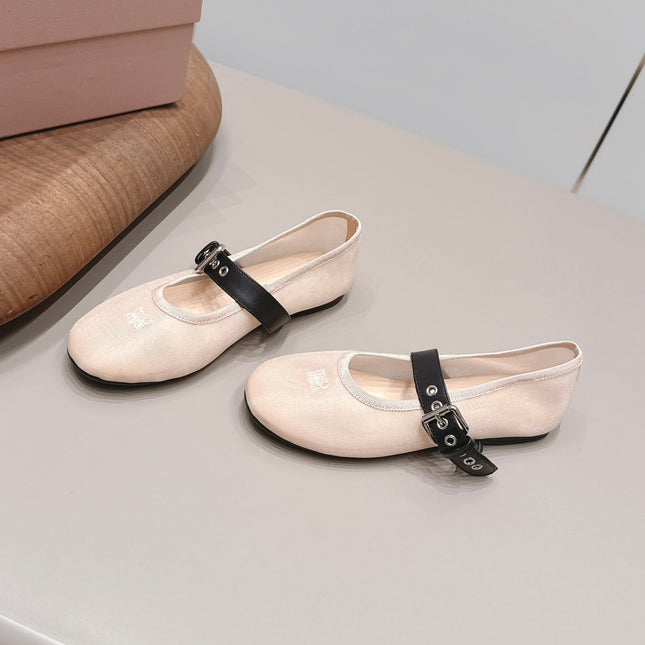 MIUMIU 26S BALLERINAS IN BEIGE MESH AND BLACK CALFSKIN