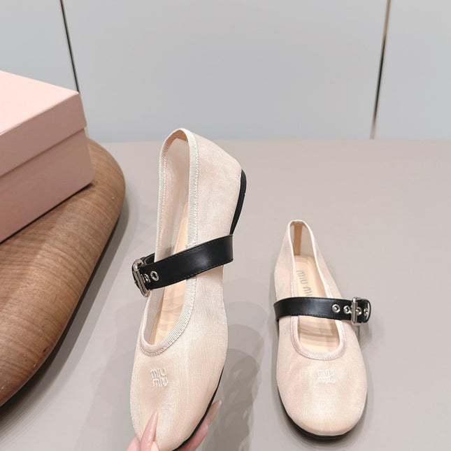 MIUMIU 26S BALLERINAS IN BEIGE MESH AND BLACK CALFSKIN