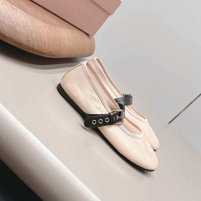 MIUMIU 26S BALLERINAS IN BEIGE MESH AND BLACK CALFSKIN