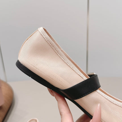 MIUMIU 26S BALLERINAS IN BEIGE MESH AND BLACK CALFSKIN