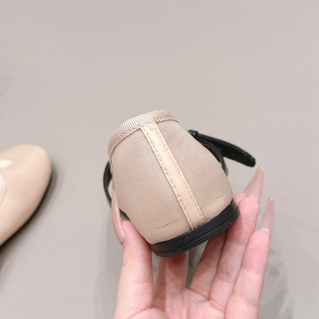 MIUMIU 26S BALLERINAS IN BEIGE MESH AND BLACK CALFSKIN