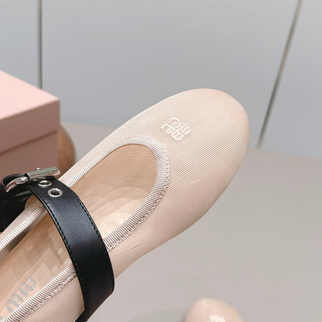 MIUMIU 26S BALLERINAS IN BEIGE MESH AND BLACK CALFSKIN