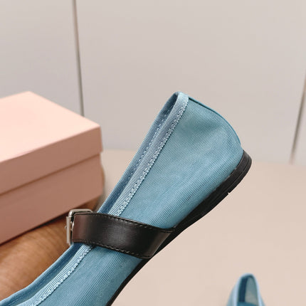 MIUMIU 26S BALLERINAS IN BLUE MESH AND BLACK CALFSKIN