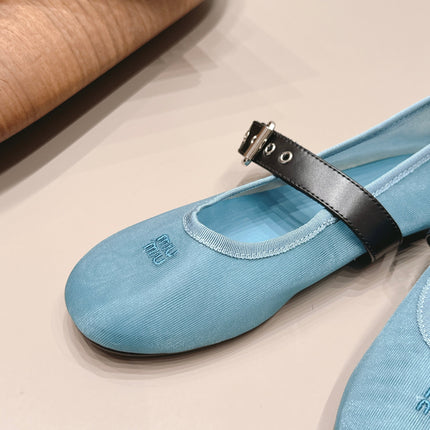 MIUMIU 26S BALLERINAS IN BLUE MESH AND BLACK CALFSKIN