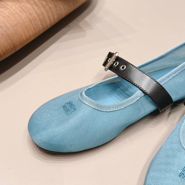 MIUMIU 26S BALLERINAS IN BLUE MESH AND BLACK CALFSKIN