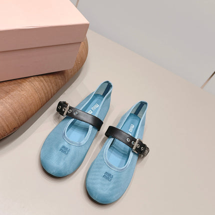 MIUMIU 26S BALLERINAS IN BLUE MESH AND BLACK CALFSKIN