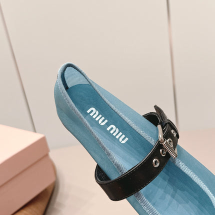 MIUMIU 26S BALLERINAS IN BLUE MESH AND BLACK CALFSKIN