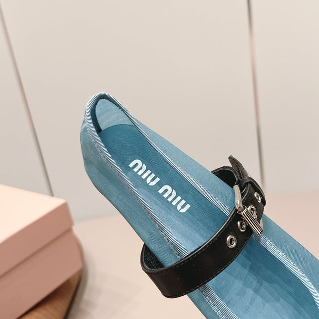 MIUMIU 26S BALLERINAS IN BLUE MESH AND BLACK CALFSKIN