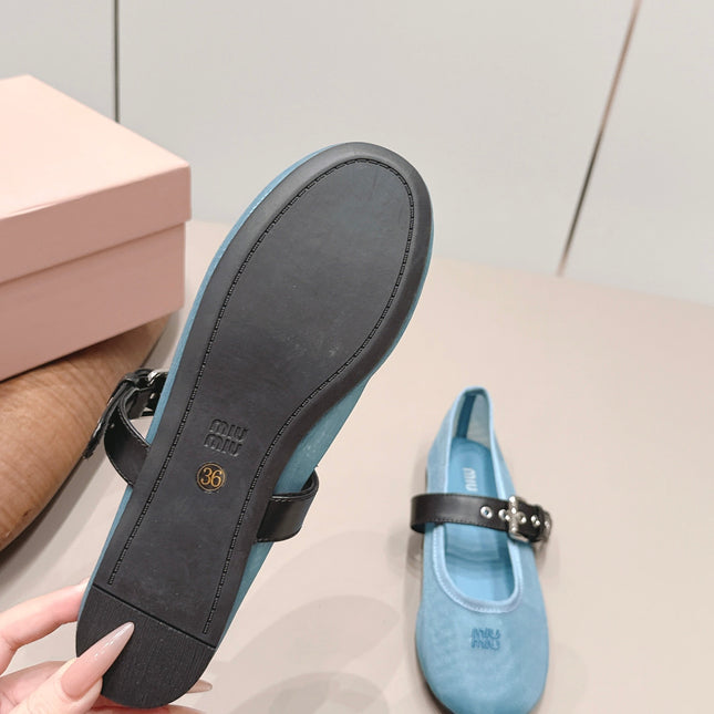 MIUMIU 26S BALLERINAS IN BLUE MESH AND BLACK CALFSKIN