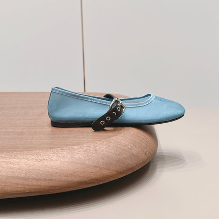 MIUMIU 26S BALLERINAS IN BLUE MESH AND BLACK CALFSKIN