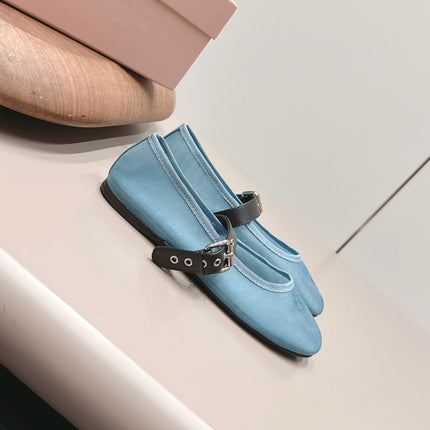 MIUMIU 26S BALLERINAS IN BLUE MESH AND BLACK CALFSKIN