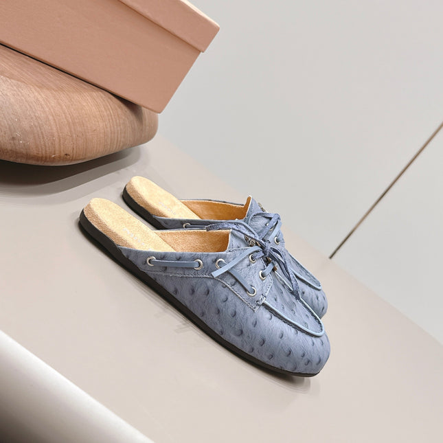 MIUMIU 26S LOAFER MULES IN BLUE CALFSKIN