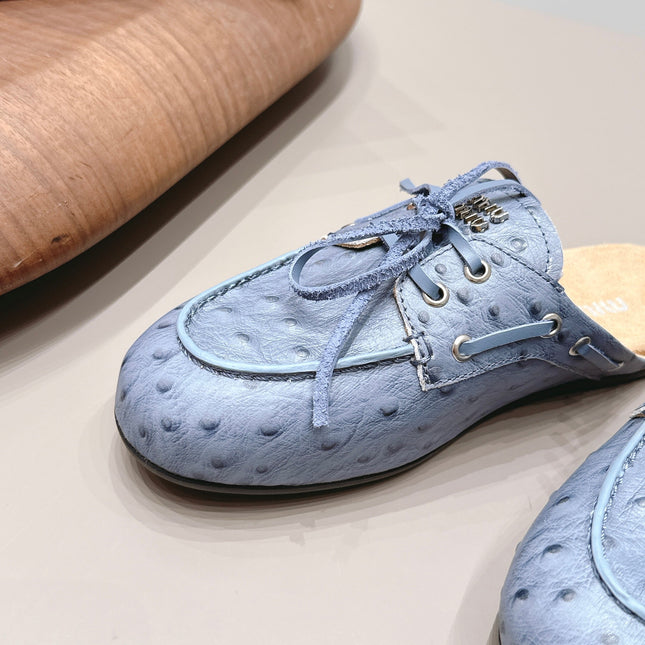MIUMIU 26S LOAFER MULES IN BLUE CALFSKIN
