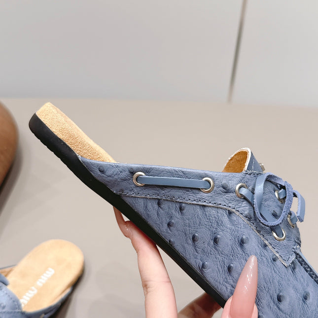 MIUMIU 26S LOAFER MULES IN BLUE CALFSKIN