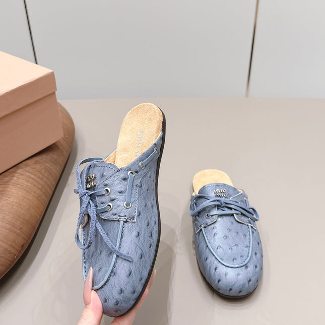 MIUMIU 26S LOAFER MULES IN BLUE CALFSKIN
