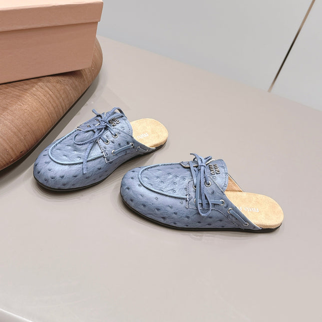 MIUMIU 26S LOAFER MULES IN BLUE CALFSKIN