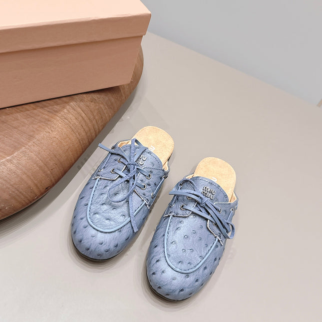 MIUMIU 26S LOAFER MULES IN BLUE CALFSKIN