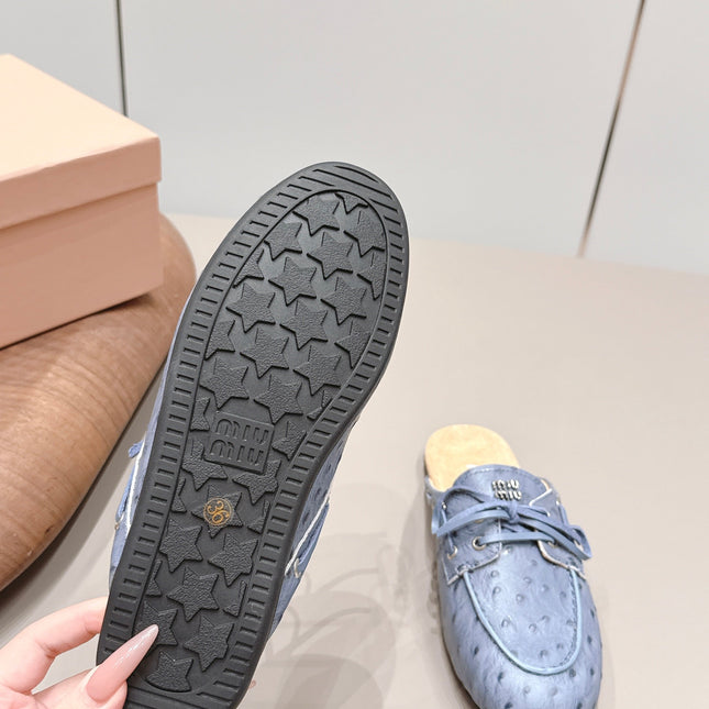 MIUMIU 26S LOAFER MULES IN BLUE CALFSKIN