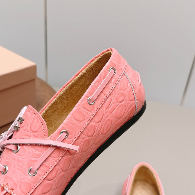 MIUMIU 26S BOAT SHOES IN PINK EMBOSSED CALFSKIN