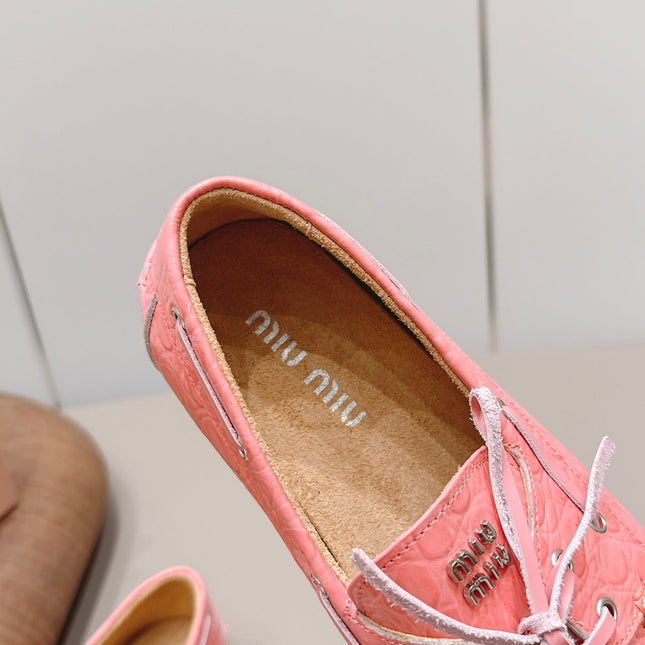 MIUMIU 26S BOAT SHOES IN PINK EMBOSSED CALFSKIN