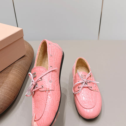 MIUMIU 26S BOAT SHOES IN PINK EMBOSSED CALFSKIN