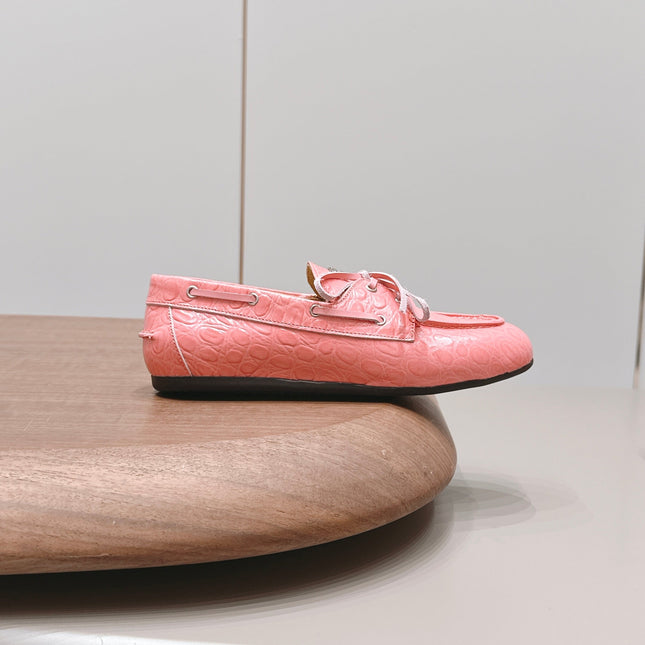 MIUMIU 26S BOAT SHOES IN PINK EMBOSSED CALFSKIN