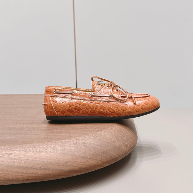 MIUMIU 26S BOAT SHOES IN ORANGE BROWN EMBOSSED CALFSKIN