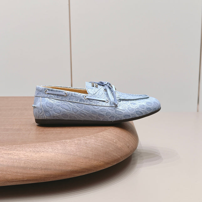 MIUMIU 26S BOAT SHOES IN BLUE EMBOSSED CALFSKIN