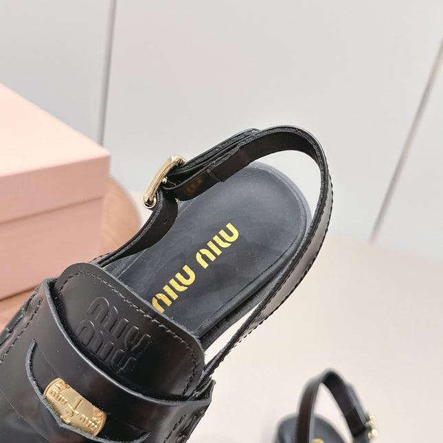 MIUMIU 26S PENNY SLINGBACK LOAFERS IN BLACK CALFSKIN GOLD HARDWARE