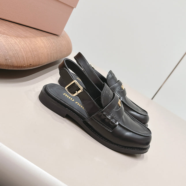 MIUMIU 26S PENNY SLINGBACK LOAFERS IN BLACK CALFSKIN GOLD HARDWARE